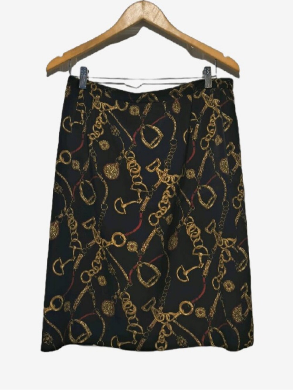 Vintage Kasper Black Gold Equestrian Chain Print Lined Midi Skirt 14P